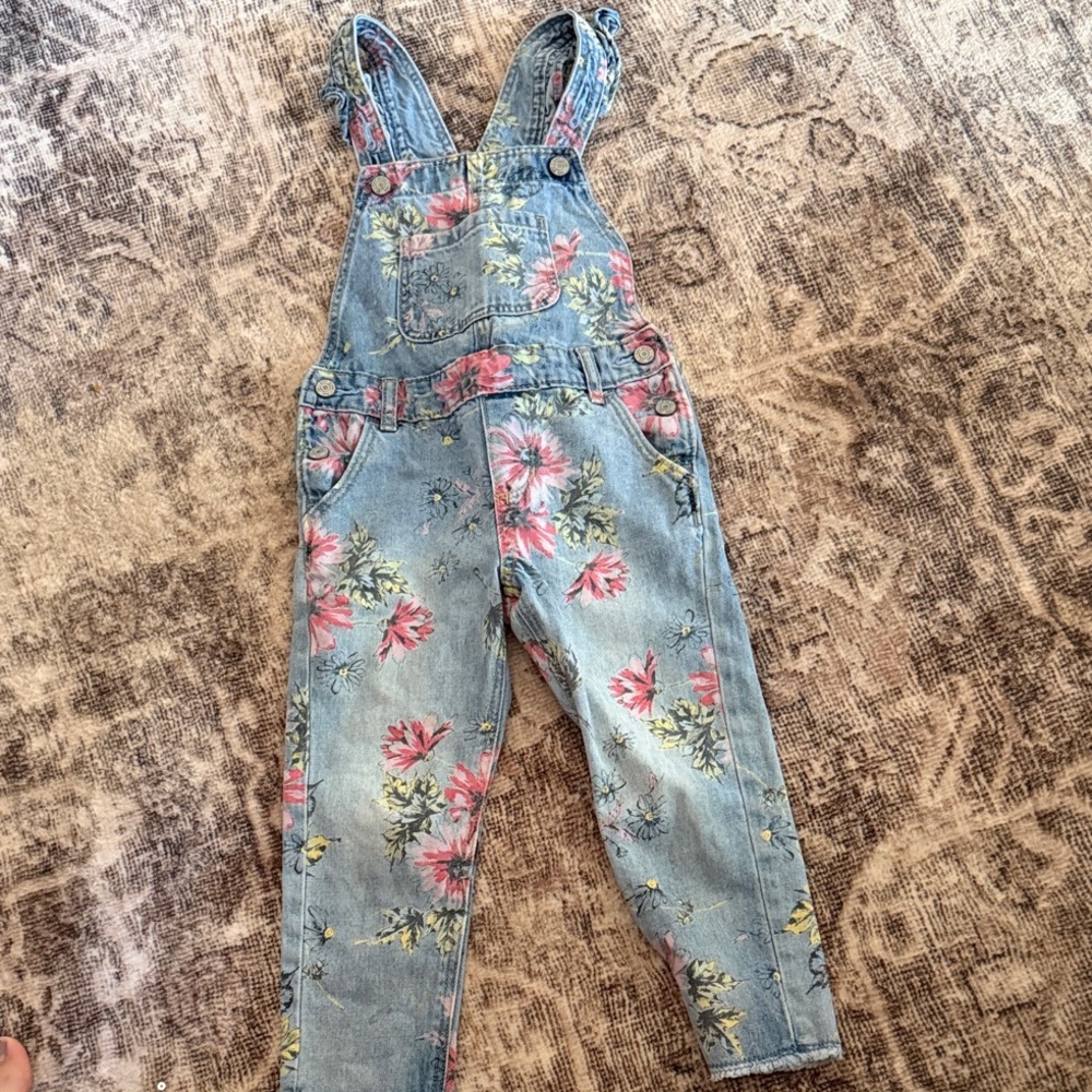 GAP Floral Print Denim Overalls in Light Blue with Pink and Yellow Flowers